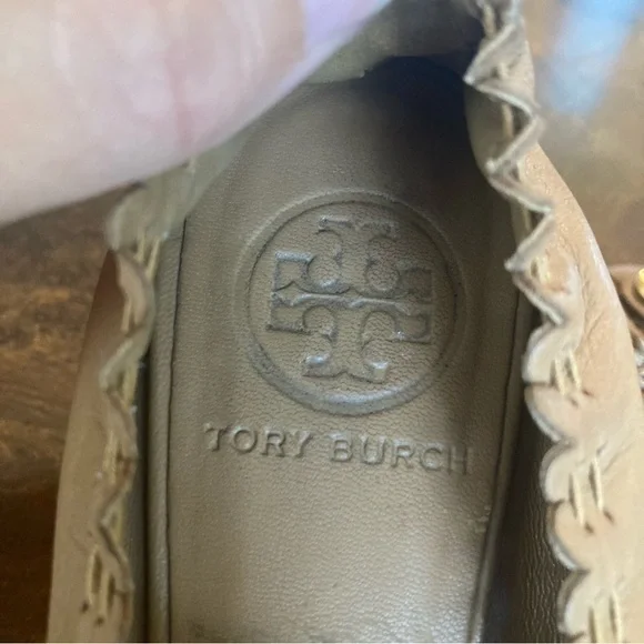 Tory Burch Gold Accent Tan Loafers - Picture 2 of 5